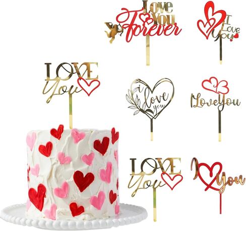 6 Pcs Love Heart Cake Topper Cake Decoration for Valentine's Day Wedding Mother's Day, Acrylic Gold Cupcake Topper Picks Love You Letter Cake Topper for Party Cake Desserts Decor Supplies in Saudi Arabia