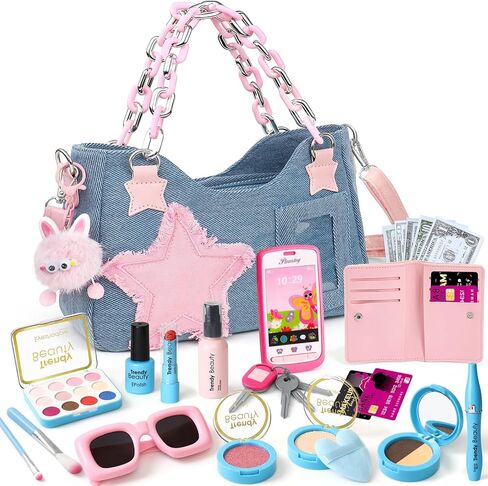 Toddler Purse for Little Girls, Pretend Play Makeup Toy Set for Toddlers 3-5 with Plushie/ Phone/ Wallet, My First Kids Purse Princess Birthday Gifts for 3 4 5 6 7 8 Year Old Baby Girls in Saudi Arabia
