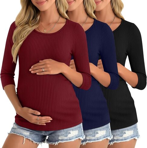 Neer 3 Pack Women's 3/4 Sleeve Maternity Shirts Ribbed Pregnancy Work Tops Quarter Sleeve Round Neck Maternity Clothes in Saudi Arabia