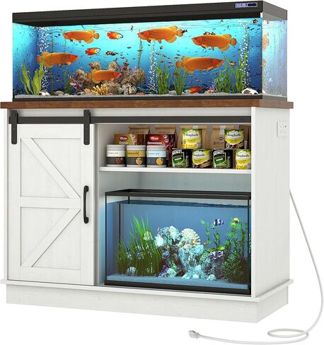 Farmhouse 55-75 Gallon Fish Tank Stand With Outlet Power ، وقصة حوض السمك مع خزانة وعبور الحظيرة ، ودبابات الزواحف الثقيلة لخزان 2 خزان/سلحفاة/زواحف ، رمادي ، رمادي in Kuwait