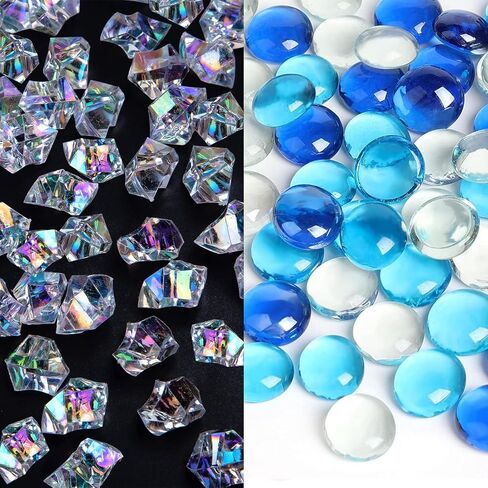 FUTUREPLUSX Decorative Gem & Ice Rock Bundle – 1LB Blue Flat Glass Marbles + 180PCS Iridescent Acrylic Fake Ice Cubes for Vases, Table Scatter, Crafts, Wedding, Aquarium & Home Decor in Saudi Arabia