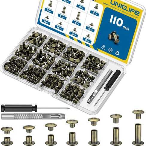 Uniclife 110 مجموعة من براغي شيكاغو السوداء للصناعات الجلدية، وبراميل M5 (4-15 مم) ومسامير M4 (3-5 مم)، ومسامير جلدية مع خرامه ومفك براغي، ومسامير برشام للجلد، ومجموعة مسامير جلدية لتجليد الكتب بنفسك in Saudi Arabia
