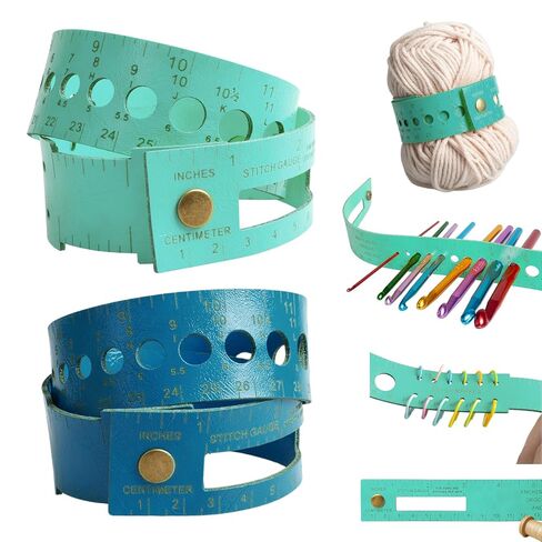 مقاس إبرة الحياكة، مسطرة معصم عداد غرز متعددة الوظائف جلدية مترية 7 في 1، شريط قياس سوار مزدوج النطاق 18 بوصة، تخزين علامة الغرز للكروشيه (أزرق فاتح/أزرق داكن) in Kuwait