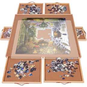 1500 Pieces Rotating Puzzle Board with 6 Drawers & Cover, 27"x35" Portable Wooden Jigsaw Puzzle Table for Adults, Lazy Susan Spinning Puzzle Board w/h 2 Large, 4 Small Drawers for Gift in Saudi Arabia
