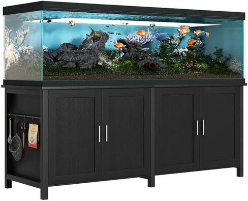 حامل حوض أسماك ميريرل 75-120 جالون مع مخرج طاقة - حامل حوض السمك عالي التحمل، طراز مزرعة ريفية، سعة 1000 رطل، تخزين قابل للتعديل وأبواب الحظيرة المنزلقة، بني داكن in Kuwait