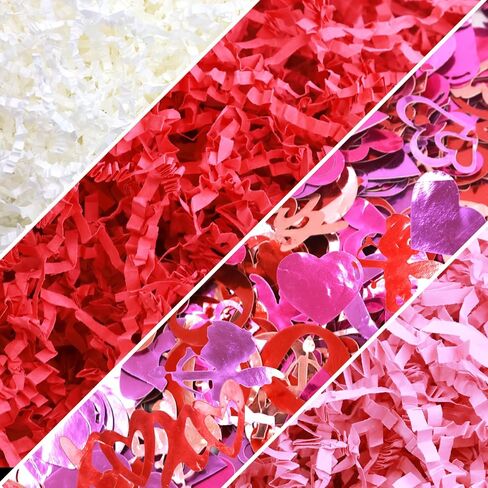 WorldBazaar 1LB Valentine's Day Crinkle Cut Paper Red Pink White Shred Filler Paper with Metallic Confetti Gift Basket Box Filler Valentine Anniversary Holiday Gift Wrapping Supplies in Saudi Arabia