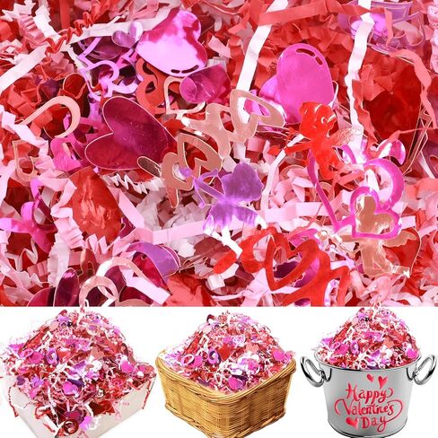 WorldBazaar 1LB Valentine's Day Crinkle Cut Paper Red Pink White Shred Filler Paper with Metallic Confetti Gift Basket Box Filler Valentine Anniversary Holiday Gift Wrapping Supplies in Saudi Arabia