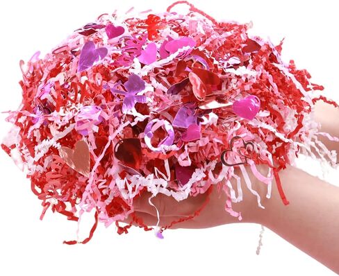 WorldBazaar 1LB Valentine's Day Crinkle Cut Paper Red Pink White Shred Filler Paper with Metallic Confetti Gift Basket Box Filler Valentine Anniversary Holiday Gift Wrapping Supplies in Saudi Arabia