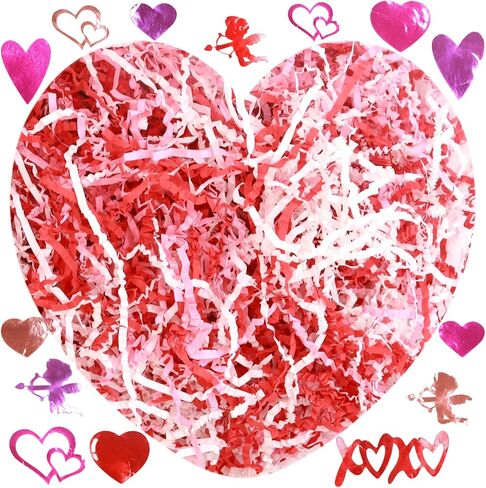 WorldBazaar 1LB Valentine's Day Crinkle Cut Paper Red Pink White Shred Filler Paper with Metallic Confetti Gift Basket Box Filler Valentine Anniversary Holiday Gift Wrapping Supplies in Saudi Arabia