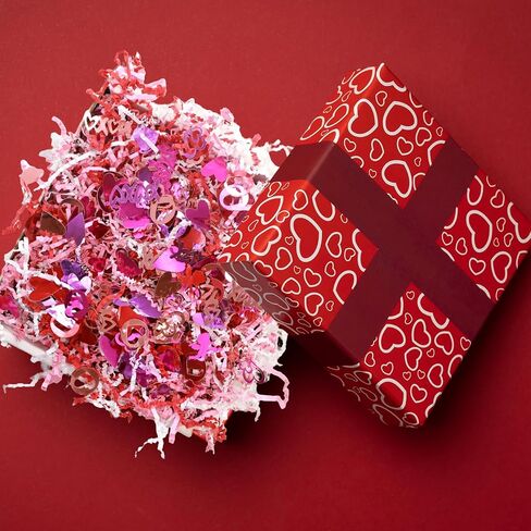 WorldBazaar 1LB Valentine's Day Crinkle Cut Paper Red Pink White Shred Filler Paper with Metallic Confetti Gift Basket Box Filler Valentine Anniversary Holiday Gift Wrapping Supplies in Saudi Arabia