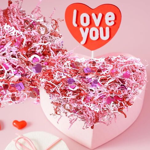 WorldBazaar 1LB Valentine's Day Crinkle Cut Paper Red Pink White Shred Filler Paper with Metallic Confetti Gift Basket Box Filler Valentine Anniversary Holiday Gift Wrapping Supplies in Saudi Arabia