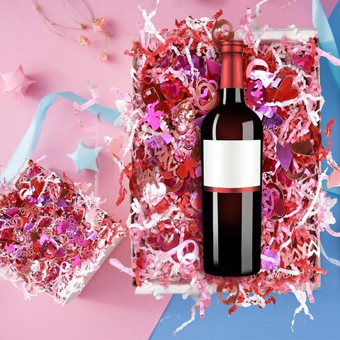 WorldBazaar 1LB Valentine's Day Crinkle Cut Paper Red Pink White Shred Filler Paper with Metallic Confetti Gift Basket Box Filler Valentine Anniversary Holiday Gift Wrapping Supplies in Saudi Arabia