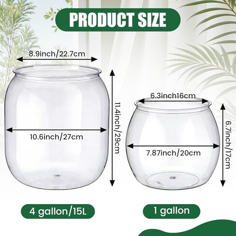 2 Pcs 4 Gallon & 1 Gallon Plastic Fish Bowl Large Round Clear Betta Aquarium Fish Tank Shatterproof Goldfish Bowl Hydroponic Planter Multi-use Container for Terrarium Flower Vase Centerpiece in Saudi Arabia