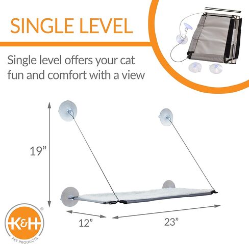 K&H Pet Products نافذة للقطط نافذة للقطط الكبيرة، سرير أرجوحة نافذة عتبة كيتي قوي، إطار فولاذي، أكواب شفط قوية، غطاء رف قابل للغسل، قابل للطي - 23 × 12 بوصة من الصوف in Kuwait