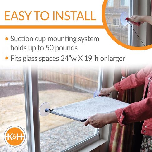 K&H Pet Products نافذة للقطط نافذة للقطط الكبيرة، سرير أرجوحة نافذة عتبة كيتي قوي، إطار فولاذي، أكواب شفط قوية، غطاء رف قابل للغسل، قابل للطي - 23 × 12 بوصة من الصوف in Kuwait