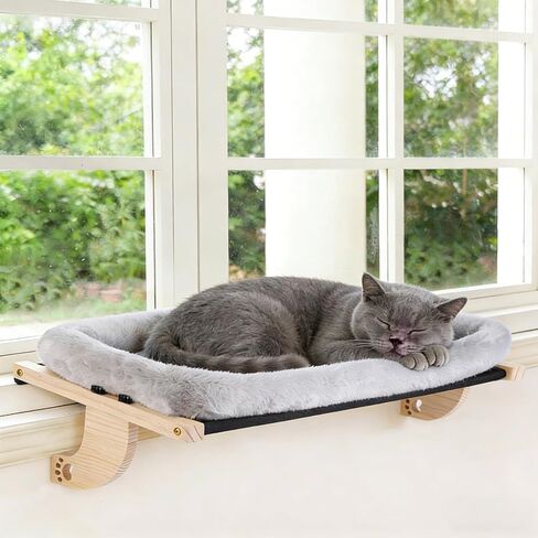 Cat Window Perch Hammock Wall Shelves Beds for Indoor Cats Supplies Design Robust Metal Frame Seat Large Cats and Kittens Pets Natural Wood, 24''L Easy to Adjust Windowsill, Bedside (Grey) in Saudi Arabia