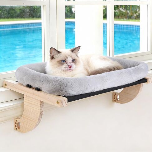 Cat Window Perch Hammock Wall Shelves Beds for Indoor Cats Supplies Design Robust Metal Frame Seat Large Cats and Kittens Pets Natural Wood, 24''L Easy to Adjust Windowsill, Bedside (Grey) in Saudi Arabia