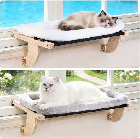 Cat Window Perch Hammock Wall Shelves Beds for Indoor Cats Supplies Design Robust Metal Frame Seat Large Cats and Kittens Pets Natural Wood, 24''L Easy to Adjust Windowsill, Bedside (Grey) in Saudi Arabia
