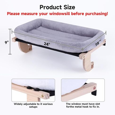 Cat Window Perch Hammock Wall Shelves Beds for Indoor Cats Supplies Design Robust Metal Frame Seat Large Cats and Kittens Pets Natural Wood, 24''L Easy to Adjust Windowsill, Bedside (Grey) in Saudi Arabia