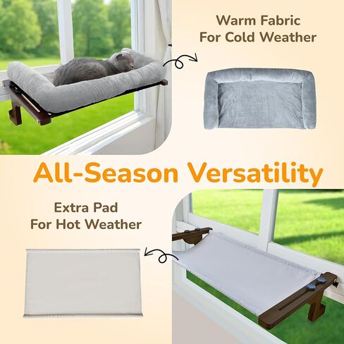 [جاهز للهدايا] مجثم نافذة للقطط من PURRHOUSE مع مسند وسادة ووسادة تبريد، وأراجيح للقطط للنوافذ مع إطار خشبي ومعدني قوي للقطط الكبيرة، وأسرّة لعتبات النوافذ، وجانب السرير والخزانة، مقاس 60.96 سم عرض in Kuwait