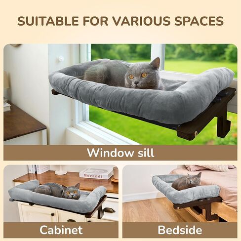 [جاهز للهدايا] مجثم نافذة للقطط من PURRHOUSE مع مسند وسادة ووسادة تبريد، وأراجيح للقطط للنوافذ مع إطار خشبي ومعدني قوي للقطط الكبيرة، وأسرّة لعتبات النوافذ، وجانب السرير والخزانة، مقاس 60.96 سم عرض in Kuwait