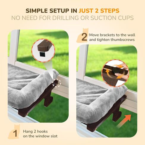 [جاهز للهدايا] مجثم نافذة للقطط من PURRHOUSE مع مسند وسادة ووسادة تبريد، وأراجيح للقطط للنوافذ مع إطار خشبي ومعدني قوي للقطط الكبيرة، وأسرّة لعتبات النوافذ، وجانب السرير والخزانة، مقاس 60.96 سم عرض in Kuwait