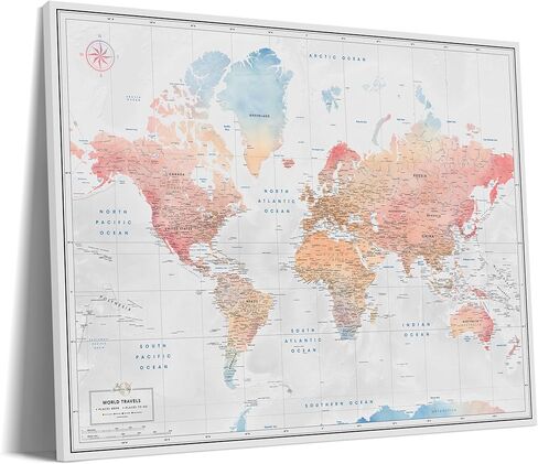 World Map Pin Board in Watercolor Style - Large World Map With Pins to Mark Travels - World Traveler Map With Pins (53 x 40, Canvas) in Saudi Arabia