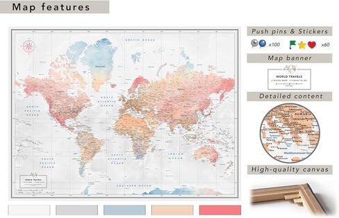 World Map Pin Board in Watercolor Style - Large World Map With Pins to Mark Travels - World Traveler Map With Pins (53 x 40, Canvas) in Saudi Arabia