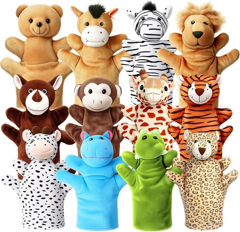 Hand Puppets for Kids,12 Pcs Animals Plush Puppets Set for Toddlers, Small Stuffed Animals Bulk Pretend Play Plush Toys with Tiger Lion Bear for Show Theater,Role Play,Birthday Gifts for Girls Boys in Saudi Arabia