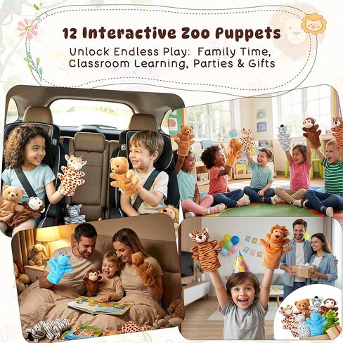 Hand Puppets for Kids,12 Pcs Animals Plush Puppets Set for Toddlers, Small Stuffed Animals Bulk Pretend Play Plush Toys with Tiger Lion Bear for Show Theater,Role Play,Birthday Gifts for Girls Boys in Saudi Arabia