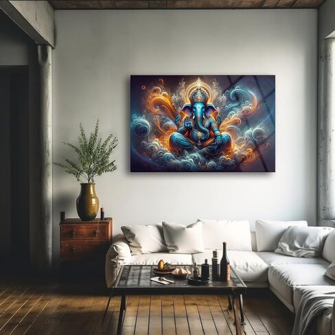 لوحة فنية جدارية من Ganesh، طباعة زجاجية مقسى، هدية تزيين جدارية روحية فريدة من نوعها، فن جداري حديث للمنزل والمكتب، ديكور حائط هندوسي، جاهز للتعليق (11.8 بوصة × 16.5 بوصة) in Kuwait