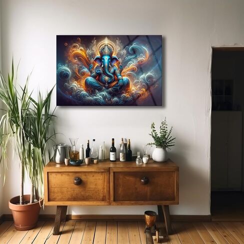 لوحة فنية جدارية من Ganesh، طباعة زجاجية مقسى، هدية تزيين جدارية روحية فريدة من نوعها، فن جداري حديث للمنزل والمكتب، ديكور حائط هندوسي، جاهز للتعليق (11.8 بوصة × 16.5 بوصة) in Kuwait