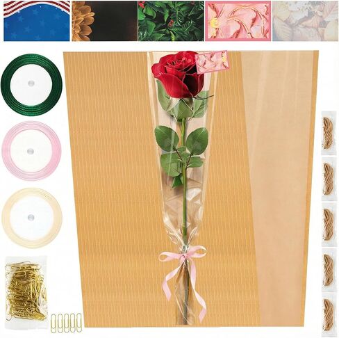 25 Sheets 18" x 9.8" Flower Bouquet Wrapping Bags Kraft Paper Sleeves, Total 136Pcs RibbonsX3 Greeting CardsX25 RopeX3 Paper ClipsX80 Floral Bouquets Bag for Mother's Day, Graduation, Flower Bar in Kuwait