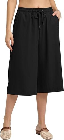 سراويل كابري من الكتان للنساء مرونة مرآة الخصر مرونة في السراويل الواسعة الساقين سراويل النساء مع جيوب in Kuwait