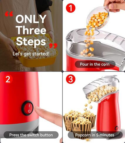 5.0Health Upgrade - Popcorn Machine,Butter Melter.3-Minute Quick Po Pcorn Popcorn maker,Oil-Free And EasyTo Clean. Air Popcorn Machine - Perfect For Family Movie Nights And Kids' Parties,Bright red in Saudi Arabia