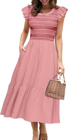 Simplee Womens Boho Maxi Dress Flutter Sleeve Summer Casual Smocked Waist A Line Flowy Tiered Dress with Pockets in Saudi Arabia