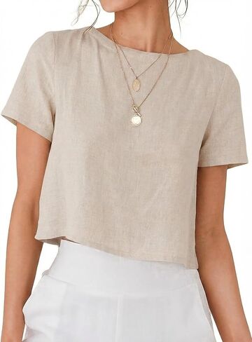 IDEALSANXUN Womens Short Sleeve Linen Shirts Casual Spring Summer Crewneck Cute Crop Beach Blouse Tops in Saudi Arabia