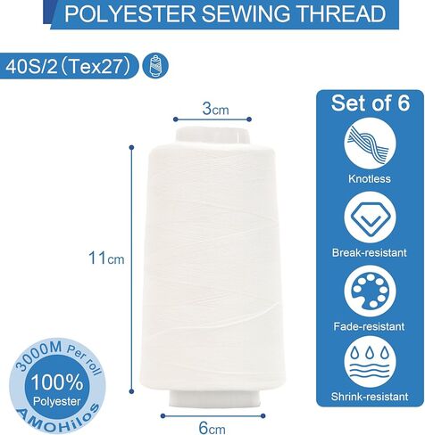 All Purpose Knotless Polyester Sewing Thread 40S/2 (Tex27) 6 Cones of 3000 Yards Each Spool Thread Total 18000 Yards for Serger Sewing Machine Quilting Piecing Overlock Hand Stitching (white) in Saudi Arabia