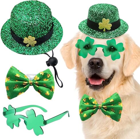 3 PCS Dog St Patricks Day Outfit Leprechaun Costume,St. Patrick's Dog Clothes,Green Shamrock Dogs Tall Hat,Sunglasses, Bow Tie,Irish for Small Medium Large Dogs Cats Dress Party Outfits in Saudi Arabia