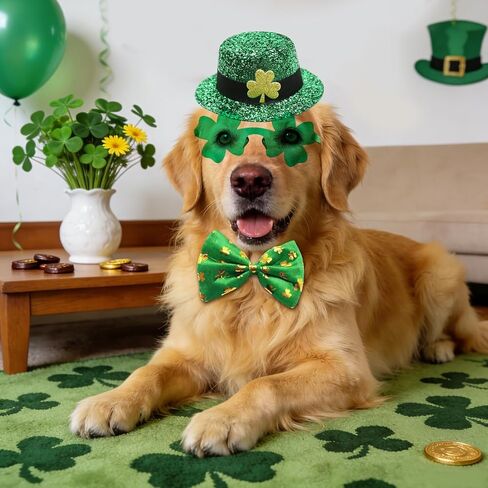 3 PCS Dog St Patricks Day Outfit Leprechaun Costume,St. Patrick's Dog Clothes,Green Shamrock Dogs Tall Hat,Sunglasses, Bow Tie,Irish for Small Medium Large Dogs Cats Dress Party Outfits in Saudi Arabia