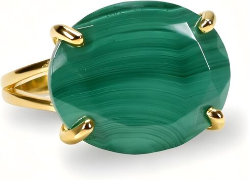 Gold Malachite Gemstone Ring - Natural Oval Cut Green Stone Set in Polished Gold Finish - Bold Solitaire Jewelry for Women with Custom Size Option in Saudi Arabia