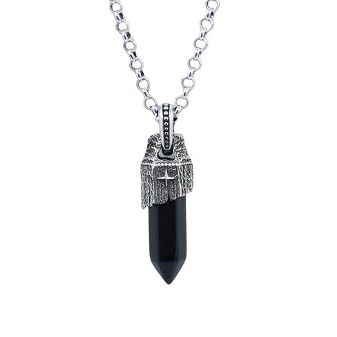 Men’s Black Obsidian Pendant Necklace in 925 Sterling Silver – Vintage Compass Medallion, Handmade Statement Jewelry Gift for Him in Saudi Arabia