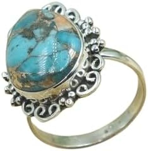 Copper Turquoise Ring – Pear Shape Blue Copper Turquoise Statement Ring – Vintage Sterling Silver Filigree Ring – Handmade Boho Gemstone Jewelry for Women in Saudi Arabia