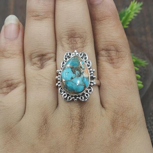 Copper Turquoise Ring – Pear Shape Blue Copper Turquoise Statement Ring – Vintage Sterling Silver Filigree Ring – Handmade Boho Gemstone Jewelry for Women in Saudi Arabia