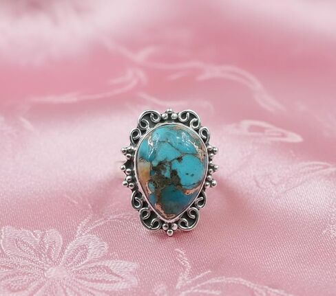 Copper Turquoise Ring – Pear Shape Blue Copper Turquoise Statement Ring – Vintage Sterling Silver Filigree Ring – Handmade Boho Gemstone Jewelry for Women in Saudi Arabia
