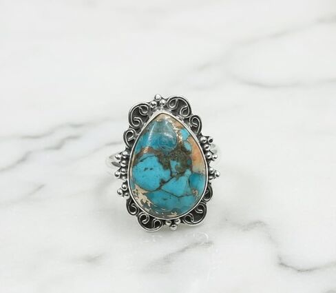 Copper Turquoise Ring – Pear Shape Blue Copper Turquoise Statement Ring – Vintage Sterling Silver Filigree Ring – Handmade Boho Gemstone Jewelry for Women in Saudi Arabia