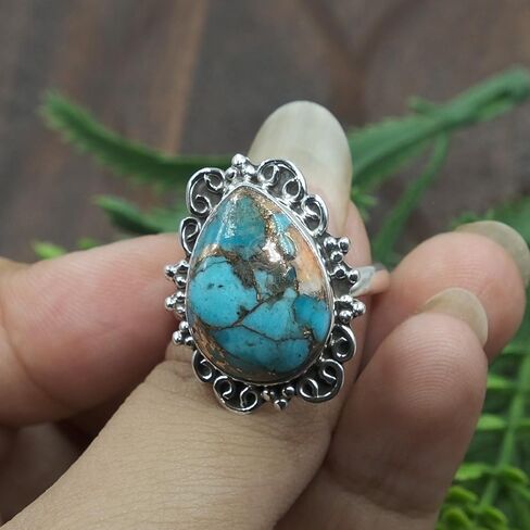 Copper Turquoise Ring – Pear Shape Blue Copper Turquoise Statement Ring – Vintage Sterling Silver Filigree Ring – Handmade Boho Gemstone Jewelry for Women in Saudi Arabia