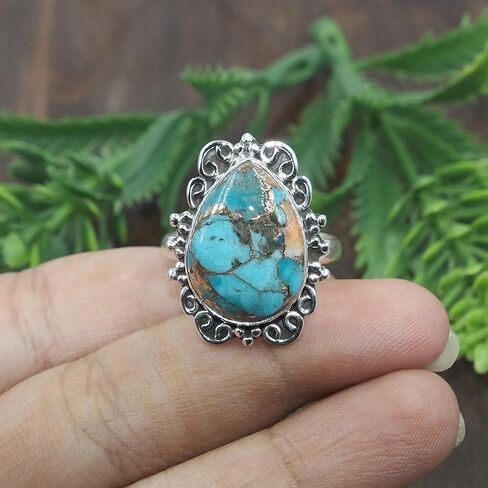 Copper Turquoise Ring – Pear Shape Blue Copper Turquoise Statement Ring – Vintage Sterling Silver Filigree Ring – Handmade Boho Gemstone Jewelry for Women in Saudi Arabia