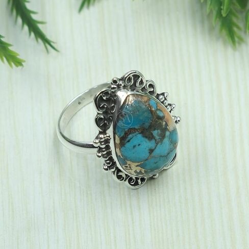 Copper Turquoise Ring – Pear Shape Blue Copper Turquoise Statement Ring – Vintage Sterling Silver Filigree Ring – Handmade Boho Gemstone Jewelry for Women in Saudi Arabia