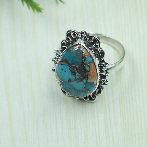 Copper Turquoise Ring – Pear Shape Blue Copper Turquoise Statement Ring – Vintage Sterling Silver Filigree Ring – Handmade Boho Gemstone Jewelry for Women in Saudi Arabia
